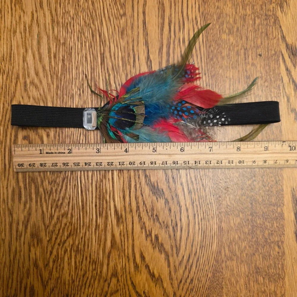 Multicolor Peacock Feather Elastic Headband Boho Flapper Festival Hair Accessory
